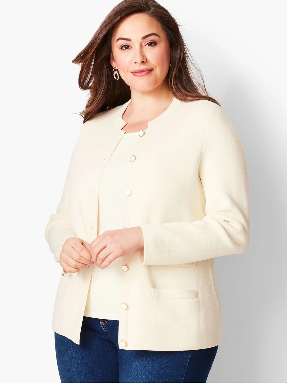 New Talbots Knit Stretch Banded Collar  Sweater Jacket Pocket Minimalist Luxury